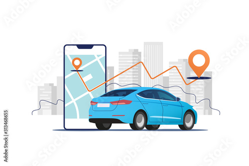 Big mobile phone with route and points location on a city map on the urban landscape background. Isometric view of blue vehicle. Mobile app for renting taxi online. Vector illustration.