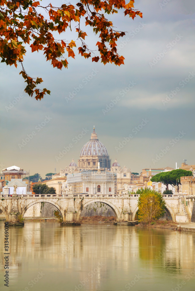 Rome overview with the Papal Basilica of St. Peter in the Vatican city