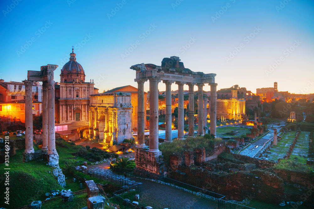 Roman forum ruins at the night time