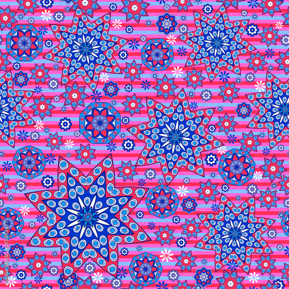 Seamless ornamental oriental pattern. Repeating striped tiles with mandala. Vector laced decorative background with floral and geometric ornament. Indian or Arabic motive. Boho festival style Seamless ornamental oriental pattern. Repeating striped tiles with mandala. Vector laced decorative background with floral and geometric ornament. Indian or Arabic motive. Boho festival style