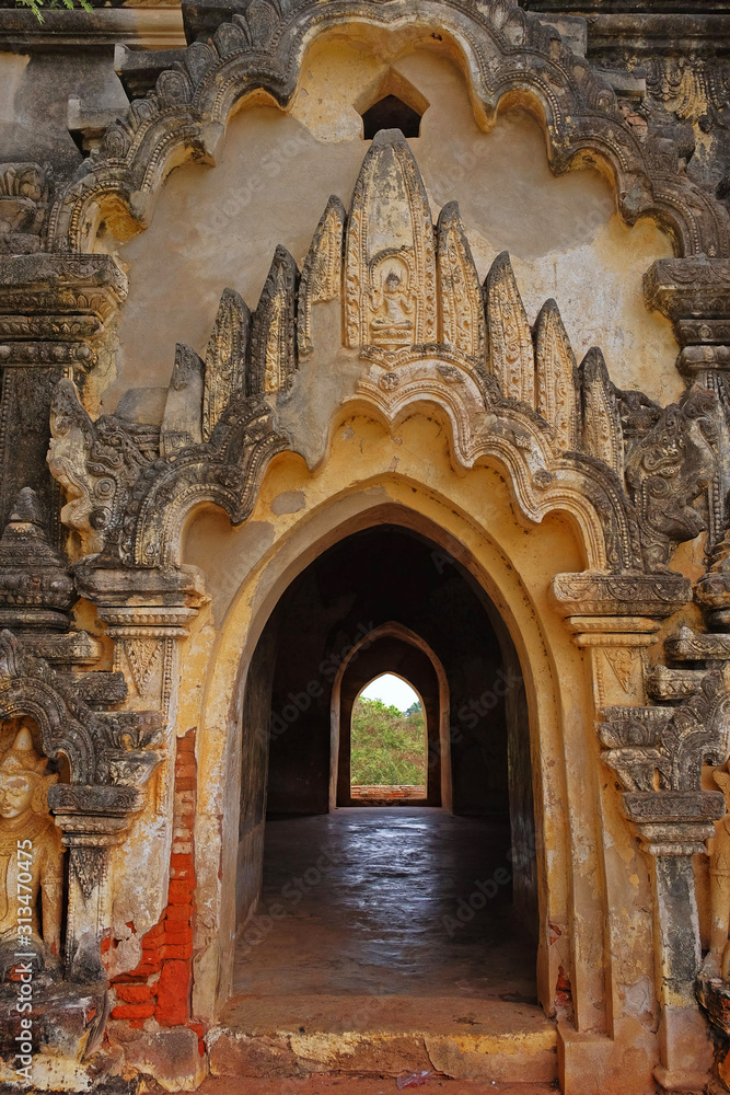Vertical view of entry in an ancient Buddha temple in old Bagan, Myanmar.
