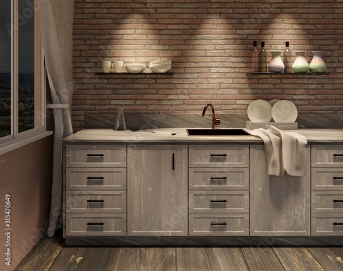 Night scene with kitchen interior. Wooden worktop and brick wall. 3D rendering. 3D illustration.