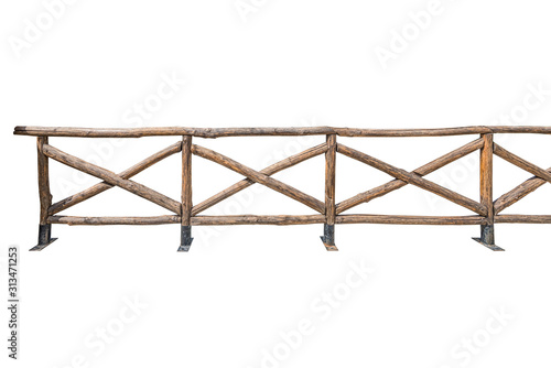 A wooden fence made of natural logs isolated on white background