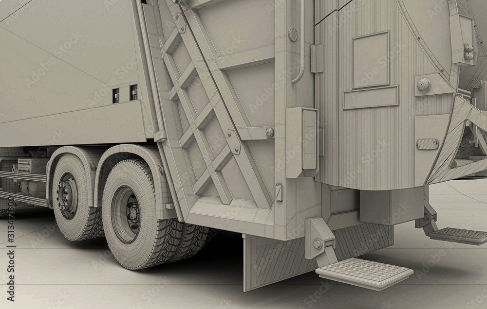 Garbage truck drawing, 3d rendering, 3d illustration Garbage truck drawing, 3d rendering, 3d illustration