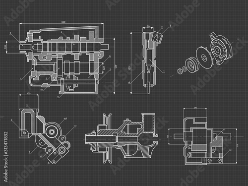 Technical blue background with drawings of details and mechanisms.Engine line drawing background. Vector illustration