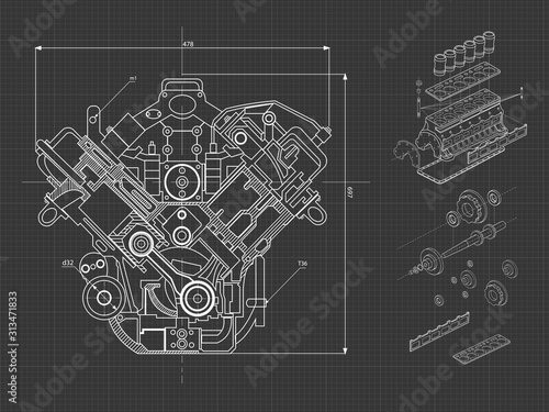 Technical blue background with drawings of details and mechanisms.Engine line drawing background. Vector illustration