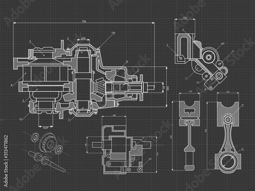 Technical blue background with drawings of details and mechanisms.Engine line drawing background. Vector illustration