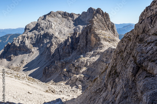 View of famous Dolomites mountain peaks in summer, The Dolomites of Brenta group, Italy