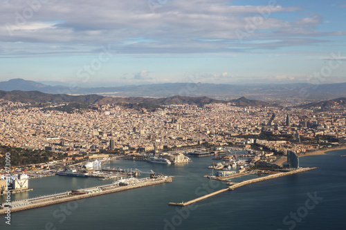 Barcelona city and beach seen from the aircraft. Spain