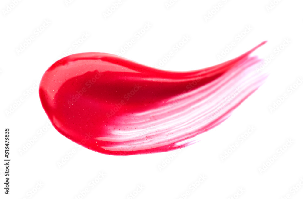 Makeup Brush stroke. Red Lip gloss face make-up sample. Pink color cosmetic liquid lipgloss smudge smear. Make up smear isolated on a white background. Macro of Lipstick close-up Makeup Brush stroke. Red Lip gloss face make-up sample. Pink color cosmetic liquid lipgloss smudge smear. Make up smear isolated on a white background. Macro of Lipstick close-up