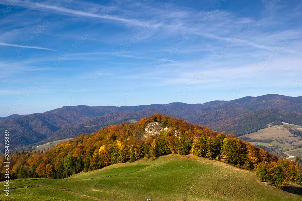 Montane meadow Polonina Kiczera and Gron rock in Pieniny in Autumn at Radziejowej Range background in Beskid Sadecki. Montane meadow Polonina Kiczera and Gron rock in Pieniny in Autumn at Radziejowej Range background in Beskid Sadecki.