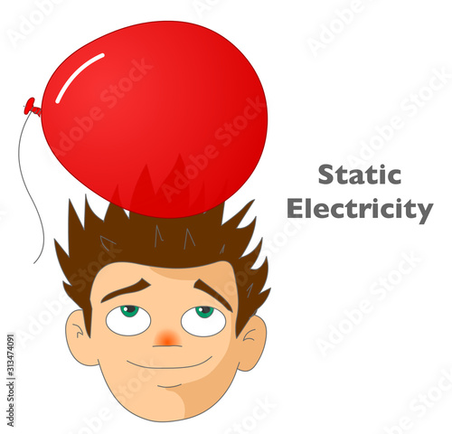 Static Electricity. Confused man, with thorns in his hair without static electrification. Red ballon. White background. School lesson experiment vector