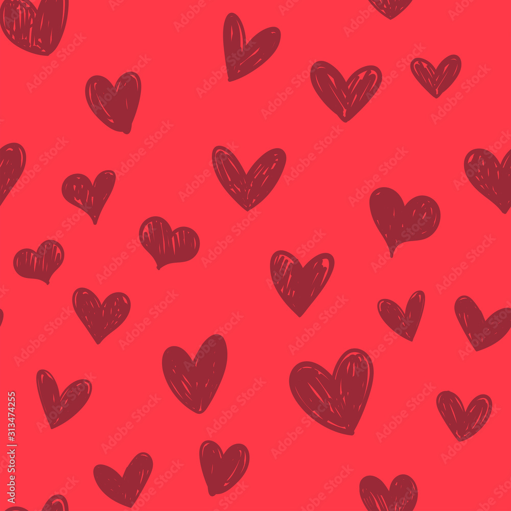 Heart doodles seamless pattern. Hand drawn love symbols, valentine's day hearts texture.