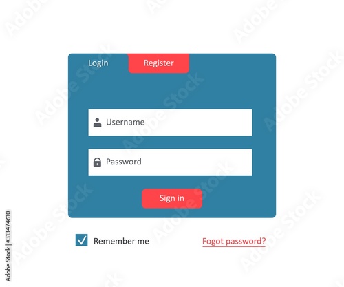 Member registration form for the user. Account registration and login page. Vector isolated on white background.