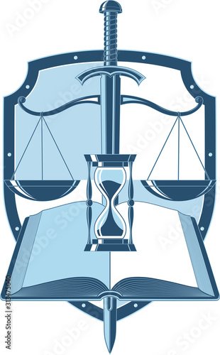 Vector image, vintage emblem, sign on the topic of jurisprudence, attributes of justice, law.