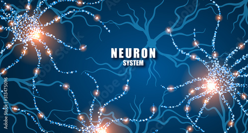Concept of Neuron Cells with Glowing Link Knots, Science Background. Mixed Media