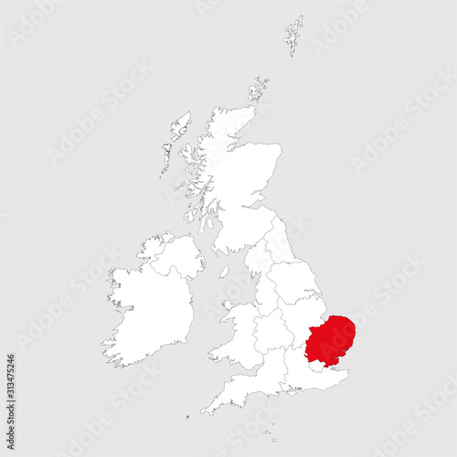 East of england marked red on united kingdom map vector. Light gray background.