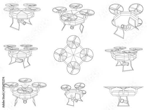 Drone, UAV, Quadcopter, Quadrotor. Industrial Blueprint. Rendering of 3d. Wire-frame Style