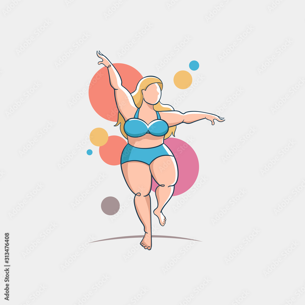 Vector colorful illustration with curvy woman dressed in swimwear. Poster  on the theme of beauty and self acceptance. Female cartoon character Stock  Vector | Adobe Stock