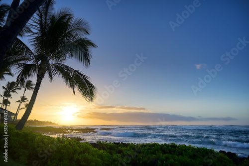 Sunrise over the coast of Kauai, Hawaii.