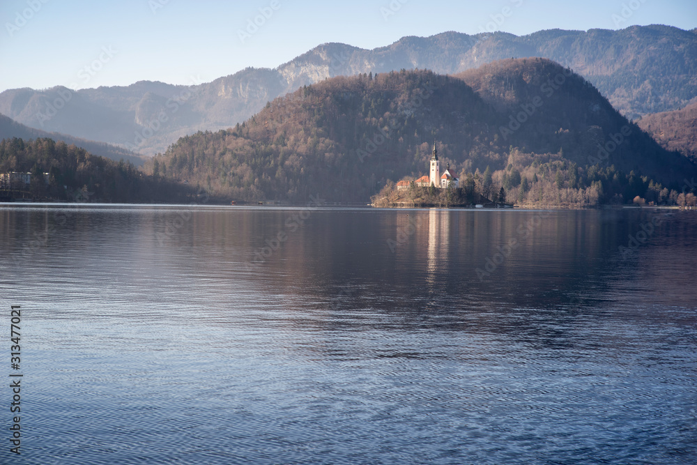 Pilgrimage Church of the Assumption of Mary located in the smal island in the middle of Bled lake, Ljubljana