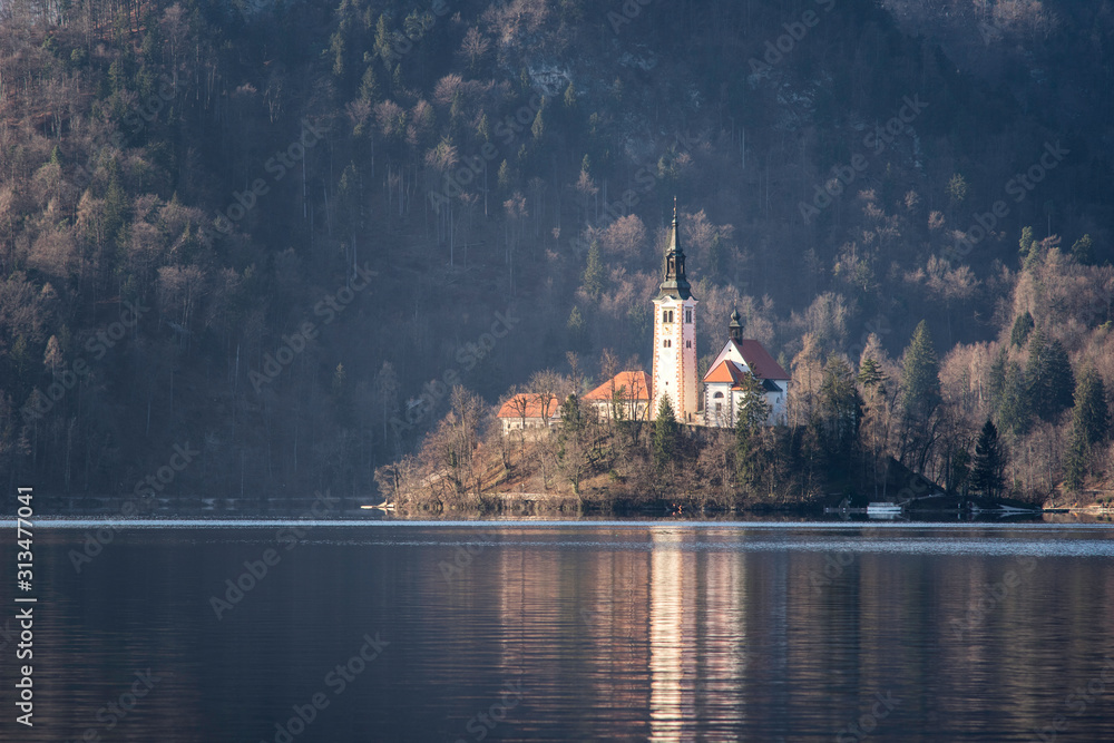 Pilgrimage Church of the Assumption of Mary located in the smal island in the middle of Bled lake, Ljubljana