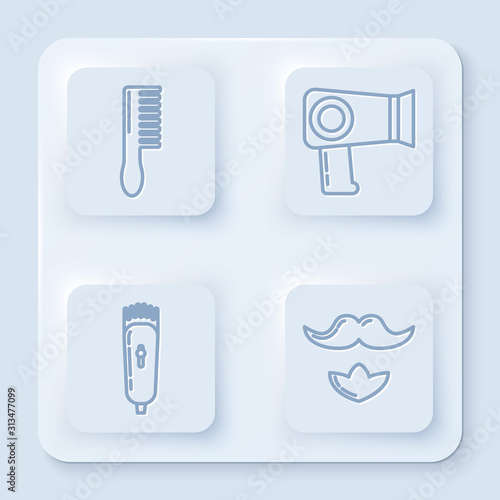 Set line Hairbrush, Hair dryer, Electrical hair clipper or shaver and Mustache and beard. White square button. Vector