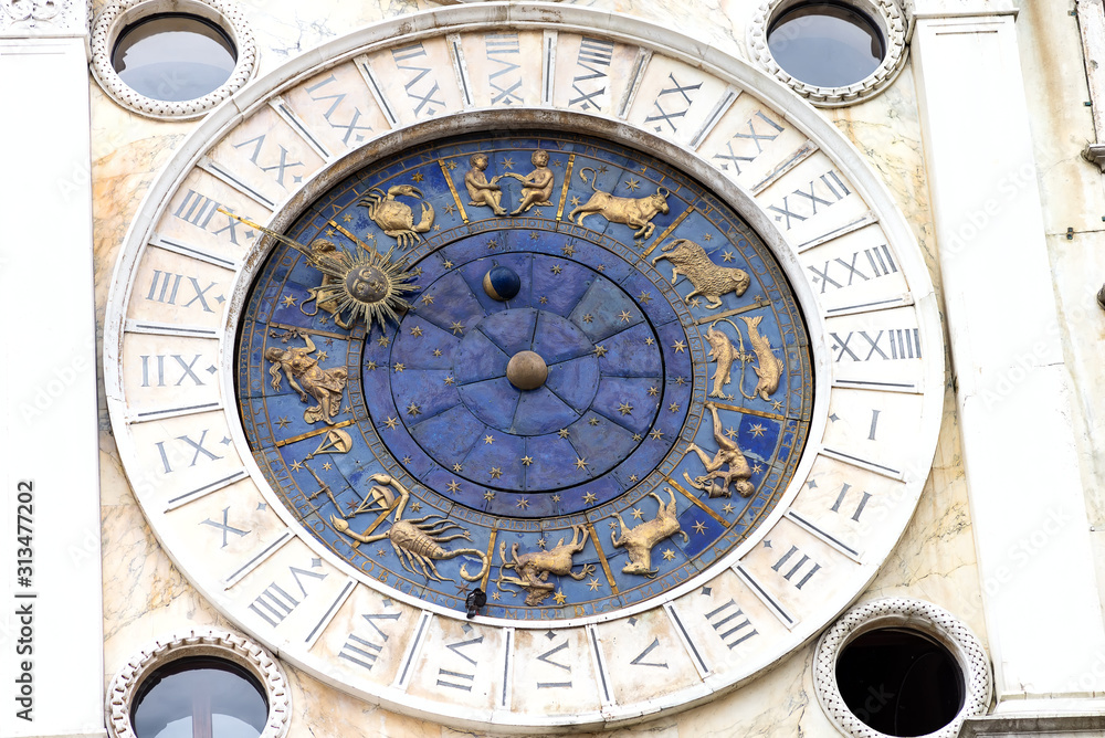 Astrological clock at the Torre dell'Orologio in Venice. Astronomic clock at a tower at St. Mark's square. Clocktower an early Renaissance building of the Piazza San Marco. Zodiac Dial.