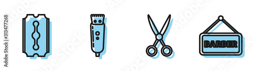 Set line Scissors hairdresser, Blade razor, Electrical hair clipper or shaver and Barbershop icon. Vector