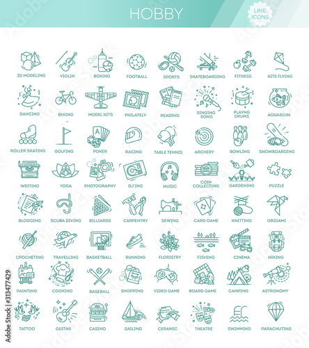 Hobbies and interest detailed line icons set in modern line icon style for ui, ux, web, app design