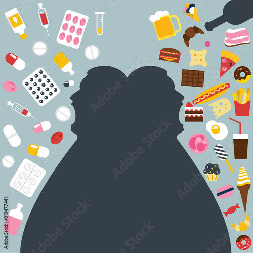 Unhealthy eating, overating, surfeit. Fat man eating medicament, curing. Bad digestion. Vector illustration.