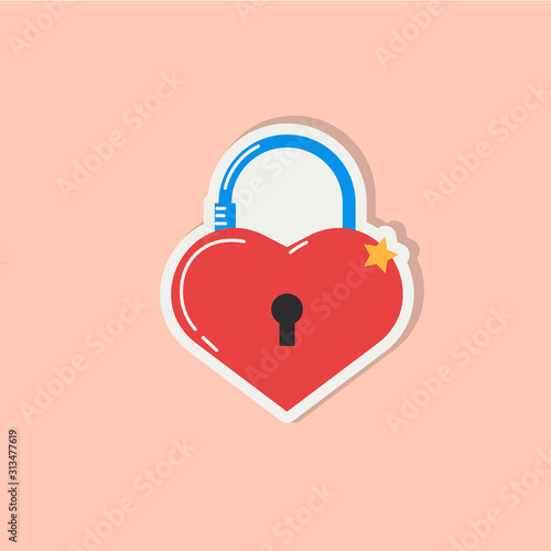 Love icon with heart lock. Romantic element of love lock. Valentines day sticker with symbols of romantic message and virginity. Vector illsutration in flat design