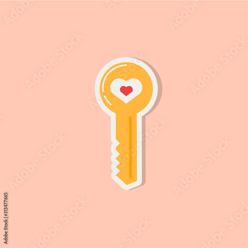 Love icons with key from heart. Romantic elements of love lock. Valentines day stickers with symbols of romantic message and virginity. Vector illsutration in flat design