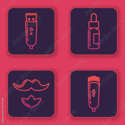 Set line Electrical hair clipper or shaver, Mustache and beard, Glass bottle with a pipette and Electrical hair clipper or shaver. Blue square button. Vector