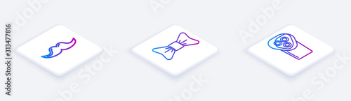 Set Isometric line Mustache, Bow tie and Electrical hair clipper or shaver. White square button. Vector