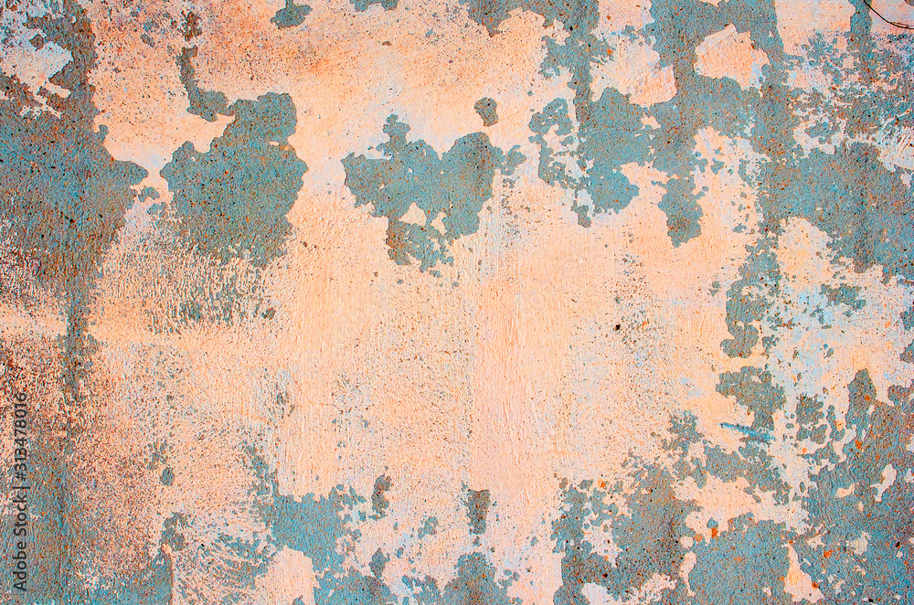 Old concrete wall. Peeling plaster on wall of house, building or fence surface. Toning in bright neon pink and blue colors. Modern urban backdrop. Copy space. Place for text. Selective focus image. Old concrete wall. Peeling plaster on wall of house, building or fence surface. Toning in bright neon pink and blue colors. Modern urban backdrop. Copy space. Place for text. Selective focus image.