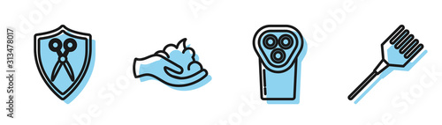 Set line Electrical hair clipper or shaver, Scissors hairdresser and shield, Shaving gel foam on hand and Hairbrush icon. Vector
