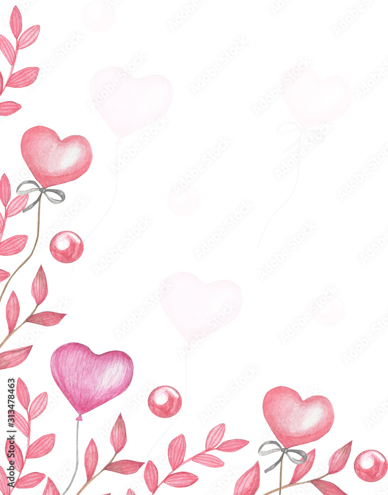 Postcard postcard to the day of St. Valentine. Watercolor illustration. Pink hearts.