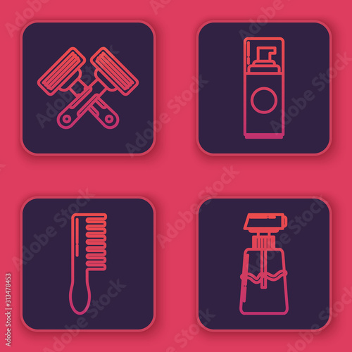 Set line Crossed shaving razor, Hairbrush, Shaving gel foam and Cream or lotion cosmetic tube. Blue square button. Vector