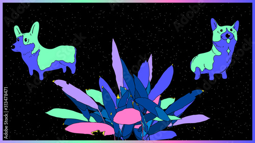 Aesthetic minimal neon tropical and space cosmic corgi