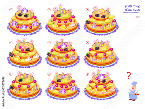 Logical puzzle game for children and adults. Need to find two identical cakes. Educational page for kids. IQ training test. Printable worksheet for brain teaser book. Vector cartoon image.