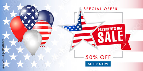 Happy Presidents Day USA balloons and flags sale banner. Special offer -50 off discount for President`s Day, vector illustration