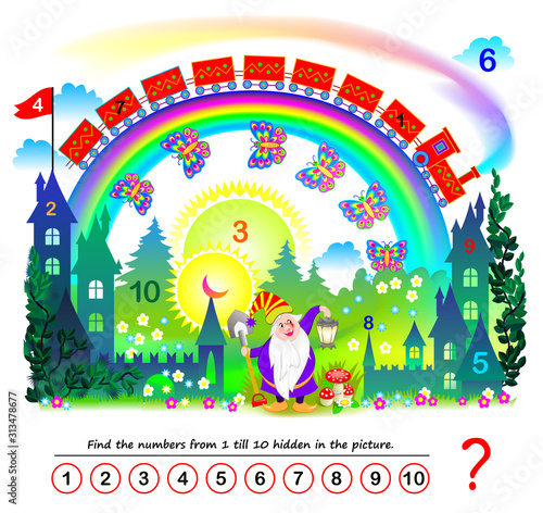 Logic puzzle game. Math education for young children. Find the numbers from 1 till 10 hidden in the picture. Developing counting skills. IQ test. Printable worksheet for kids book. Back to school.