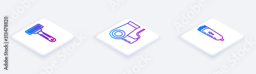 Set Isometric line Shaving razor, Hair dryer and Electrical hair clipper or shaver. White square button. Vector