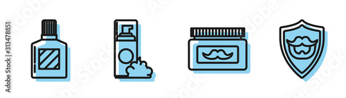 Set line Cream or lotion cosmetic jar, Aftershave, Shaving gel foam and Mustache and beard on shield icon. Vector