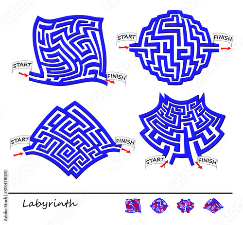 Logical puzzle game with labyrinth for children and adults. Set of little mazes. Find the way from start till finish. Printable worksheet for kids brain teaser book. IQ test. Vector cartoon image.