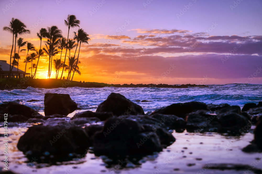Sunrise over the coast of Kauai, Hawaii.