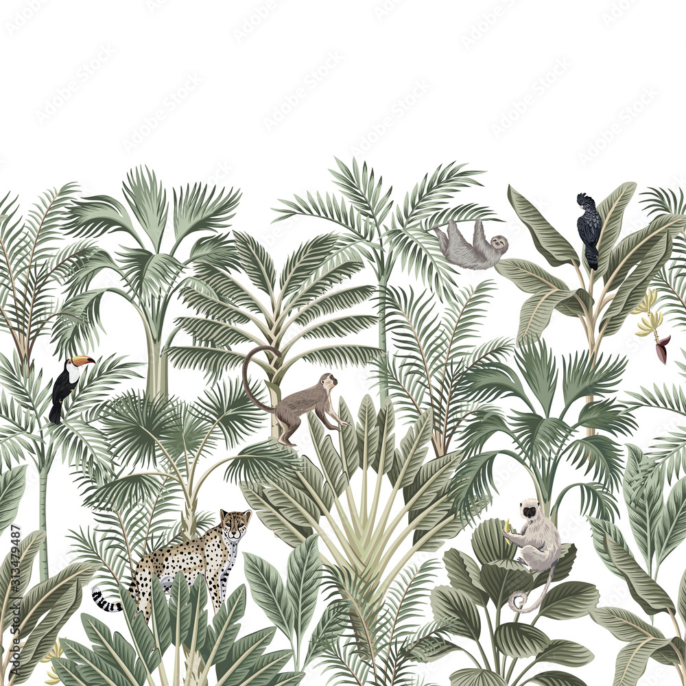 Fotobehang met Vintage jungle met luiaard en toekan #313479487