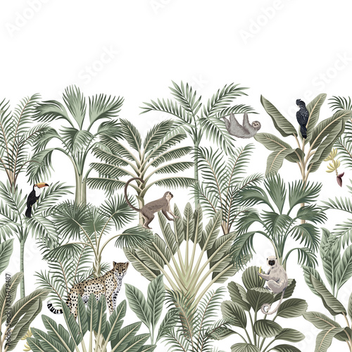 Tropical vintage botanical landscape, palm tree, banana tree, plant, sloth, monkey, leopard, black parrot, toucan floral seamless border white background. Exotic green jungle animal wallpaper.