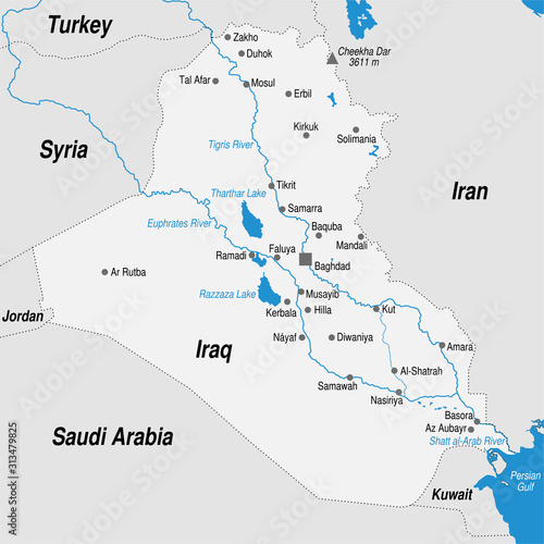 Political map of the Republic of Iraq with the most important cities marked in gray and blue tones.
